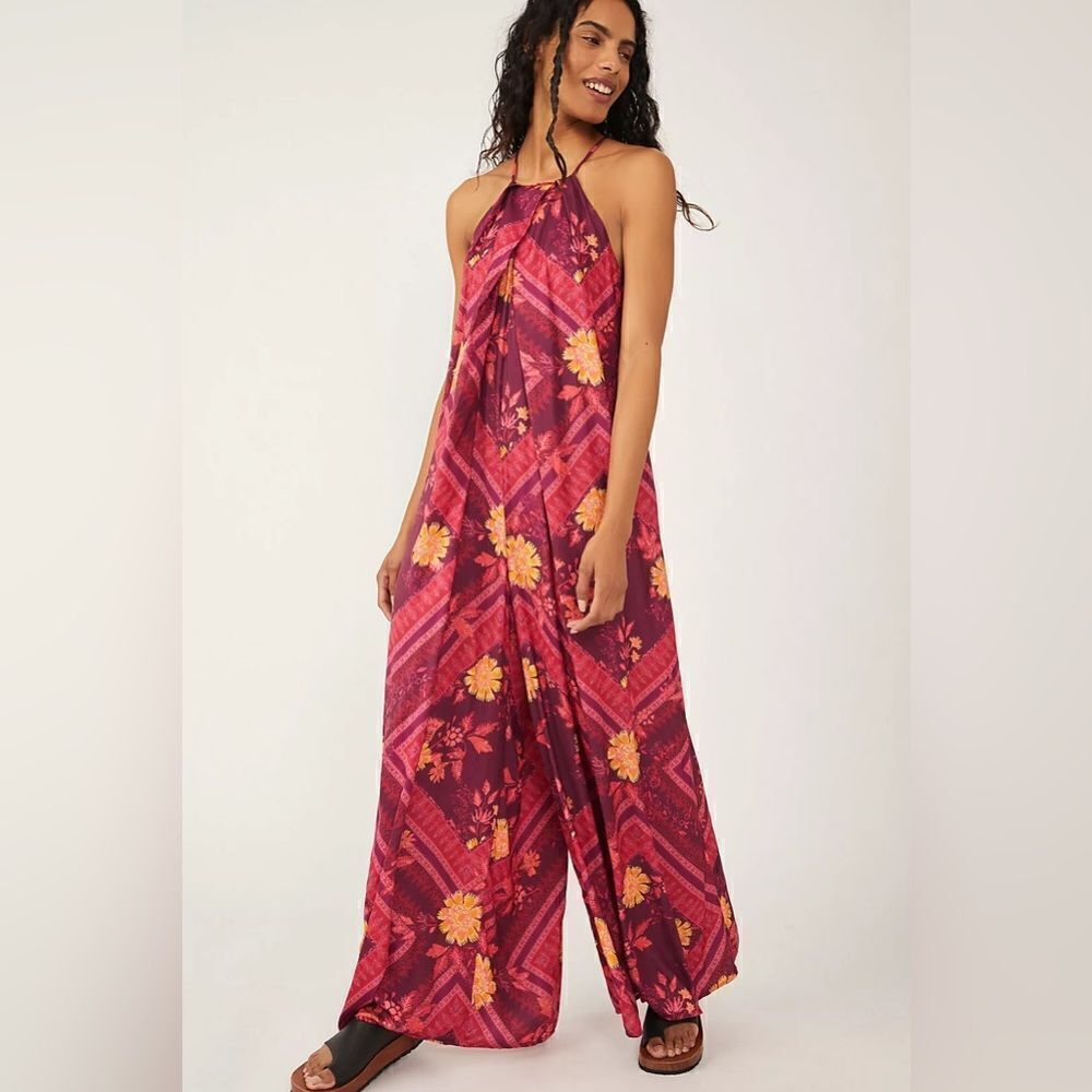 Free People NWT Luca Floral Halter Neck Wide Leg Jumpsuit size medium